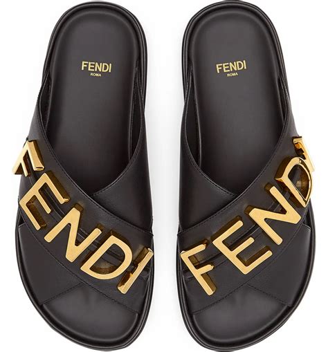 fendi logo embellished sandals|Fendi logo leather slide sandals.